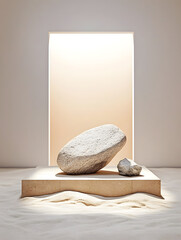 Wall Mural - A modern display featuring smooth stones on a minimal pedestal, illuminated by soft light against a neutral backdrop, creating a serene atmosphere.