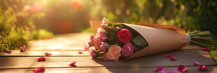 Poster - Beautiful bouquet of roses wrapped in kraft paper on wooden surface with natural light. Generative AI