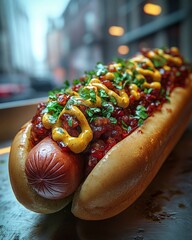 Wall Mural - Close-up of a delicious hot dog with chili, mustard, and parsley, on a bun, in a city setting.