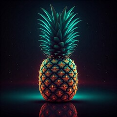 Wall Mural - A futuristic interpretation of a pineapple, with neon colors and geometric patterns, set against a dark, starry background.