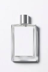 Wall Mural - top-down view of minimalist fragrance bottle with blank white label surrounded by subtle shadows on flawless white