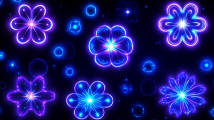 Wall Mural - neon glowing flowers dark background abstract art