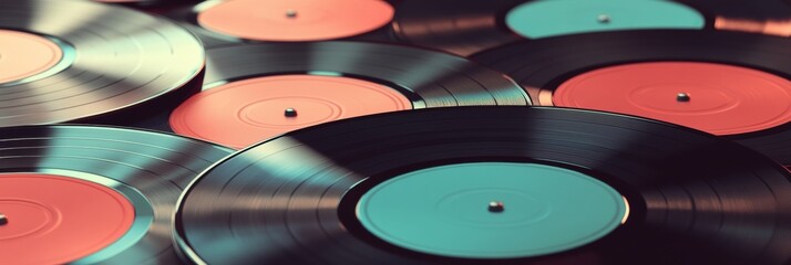 Aufkleber - Vintage vinyl records displaying colorful labels with empty space for custom text or branding in creative design projects. Generative AI