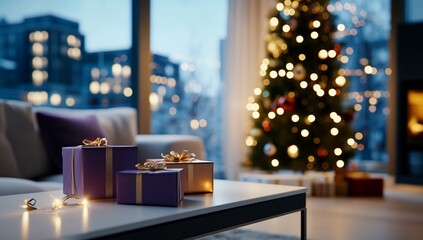 Wall Mural - Cozy living room with decorated Christmas tree and wrapped gifts.