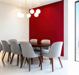 Wall Mural - Luxury dining room featuring a burgundy accent wall and modern furniture in an elegant urban setting