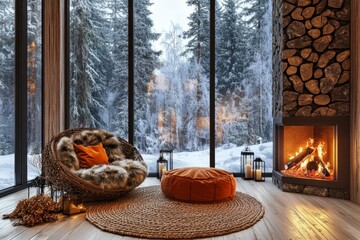 Wall Mural - Cozy wooden cabin interior with snowy forest views and inviting decor for a peaceful winter retreat