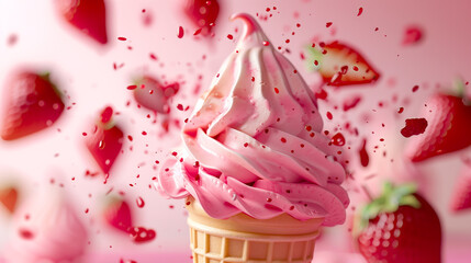 an cream cone ad, delicious, tasty ice cream, strawberry falling