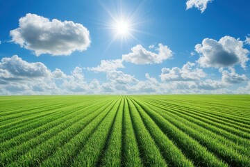 Sunny day over vast green field with rows of crops under a bright blue sky.