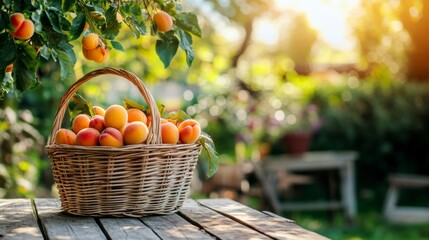 Wall Mural - Ripe apricots in a wicker basket on a wooden table in a sunlit garden, celebrating the abundance of the summer harvest, copyspace	
