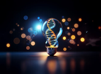 A glowing lightbulb contains a DNA double helix, symbolizing a breakthrough in genetic engineering or scientific discovery.  The dark background is accented with bokeh lights.