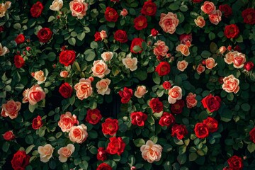 Wall Mural - natural fresh red roses flowers pattern wallpaper. top view, red rose flower wall background. mz