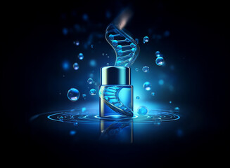 a glowing blue dna helix rises from a sleek bottle, surrounded by water droplets on a dark reflectiv