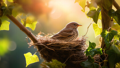 Wall Mural - A delicate bird perches comfortably in its nest, surrounded by vibrant ivy. Sunlight filters through, illuminating the scene, symbolizing the joyful spirit of springtime