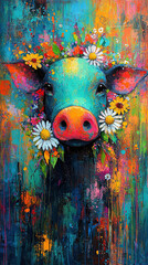 Wall Mural -   A painting of a cow adorned with vibrant hues of blue, pink, yellow, and orange flowers on its head