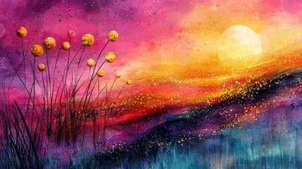 Wall Mural - a painting of a sunset with flowers in the foreground and a vibrant purple and yellow sky with shimm