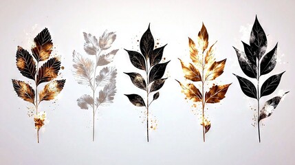 Poster -   Five distinct leaf shapes on a white canvas, adorned with golden and black splatters