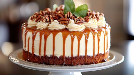 Wall Mural -   A cake with frosting and pecans sits atop a plate, resting on a table