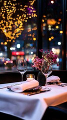 Poster -   A table with two wine glasses and a vase of flowers is displayed against the backdrop of a beautiful cityscape at night