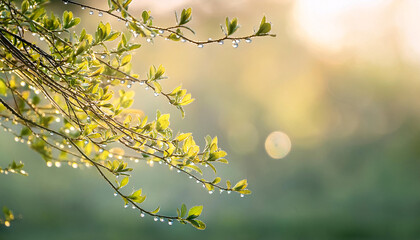 Wall Mural - Bright green branches emerge in spring, glistening with fresh raindrops as soft sunlight filters through. Nature awakens, marking the joyful arrival of a new season filled with life