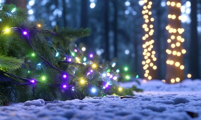 Wall Mural - A snowy forest scene with colorful Christmas lights and soft snow.