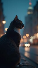 Cat looking at blurred cityscape at night