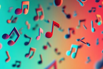 Fototapete - Colorful 3D music notes floating in a vibrant abstract background creating a lively atmosphere for art and creativity. Generative AI