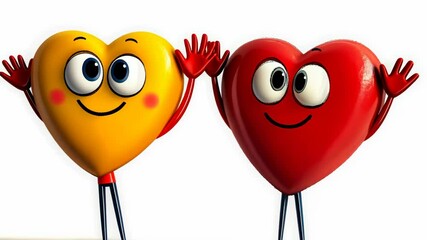 Wall Mural - Two cartoon hearts are smiling and waving at the camera. The yellow heart is on the left and the red heart is on the right