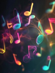 Fototapete - Colorful 3D music notes floating in a vibrant space with a blend of light and shadow effects. Generative AI