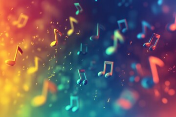 Aufkleber - Vibrant 3D music notes floating in a colorful abstract background creating a lively atmosphere. Generative AI