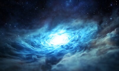 A cosmic scene depicting swirling clouds and starlit space.