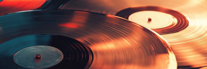 Aufkleber - Vintage vinyl records resting on a surface with warm lighting and space for text creation. Generative AI