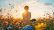 © andreusK - silhouette of woman yoga practice outdoor,  spring flower meadow at sunrise