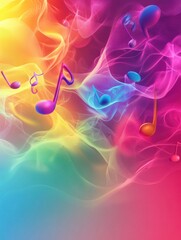 Aufkleber - Colorful 3D music notes floating in a vibrant abstract background with swirling hues and dynamic patterns. Generative AI