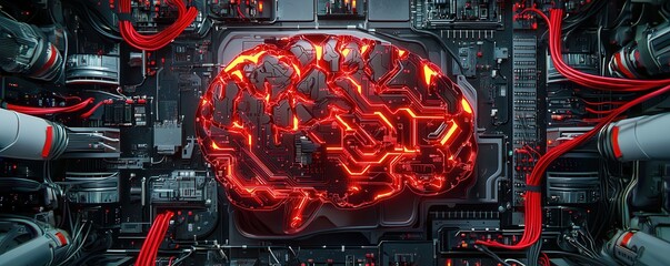 Fototapete - A futuristic depiction of a glowing brain surrounded by technology, showcasing a blend of organic and robotic elements.