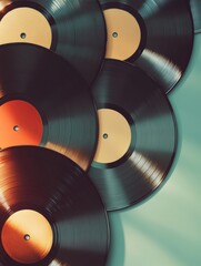 Aufkleber - Vintage 3D vinyl records laid out in a creative arrangement with ample copy space for text and promotional use. Generative AI