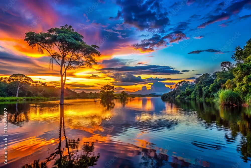 Amazon Sun Set Cuyabeno Ecuador Sunset: Amazon Rainforest Twilight Landscape ...