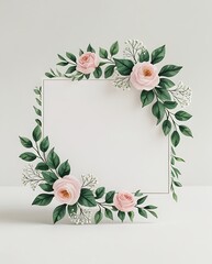 Wall Mural - Elegant Square Frame with Pink Roses and Green Leaves