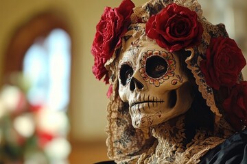 Wall Mural - Close-up of a woman with calavera makeup and red roses celebrating the day of the dead