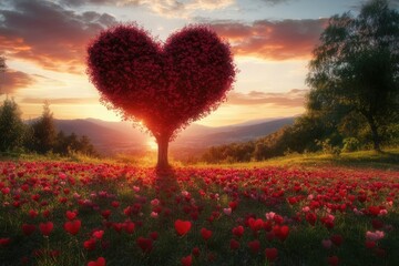Wall Mural - A heart-shaped tree in the center of an idyllic meadow at sunset, surrounded by vibrant red and pink flowers, symbolizing love and romance on Valentine's Day