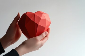 Wall Mural - A pair of hands holding a red paper heart, against a white background, with a simple and clean composition