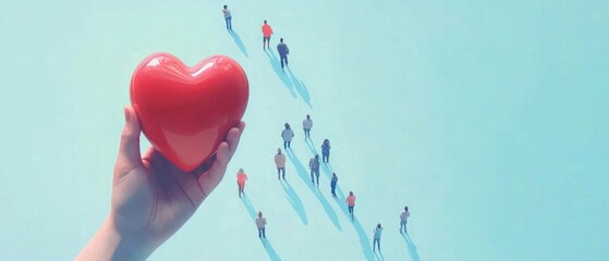 Wall Mural - A hand holding a red heart against a light blue background, viewed from above