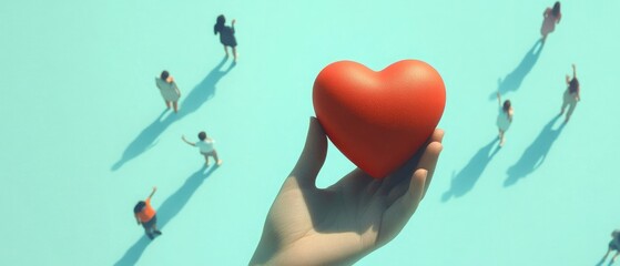 Wall Mural - A hand holding a red heart against a light blue background, viewed from above