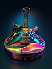 Poster - Stunning 3D representation of a vibrant guitar reflecting colorful light patterns on a dark background. Generative AI