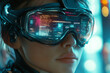 © gyana08 - Futuristic woman wearing high-tech augmented reality goggles with glowing digital interface in a cyberpunk setting