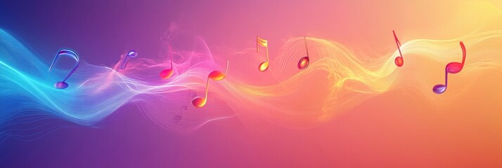 Aufkleber - Colorful 3D music notes flowing through vibrant waves at dawn in a digital landscape. Generative AI