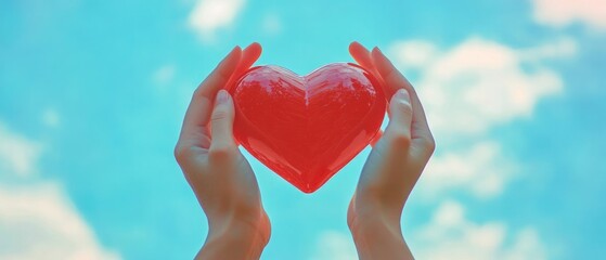 Wall Mural - Hands holding a red heart on a light blue background, a love and health care concept for World Health Day