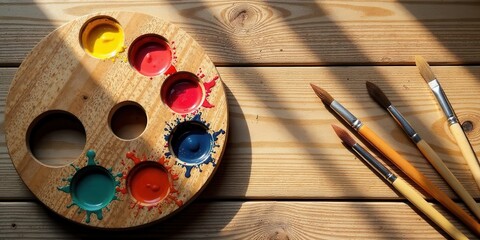 Wooden palette with paint and brushes in sunlight on a wood surface