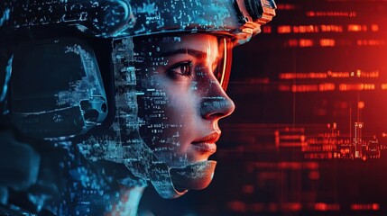Soldier in digital battlefield: profile of a focused warrior in combat helmet
