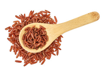 Wall Mural - red rice in a wooden spoon isolated on white background. Top view. Flat lay