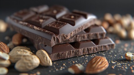 A close-up of a stack of dark chocolate bars with almonds, the rich brown color of the chocolate is highlighted by the white almonds.